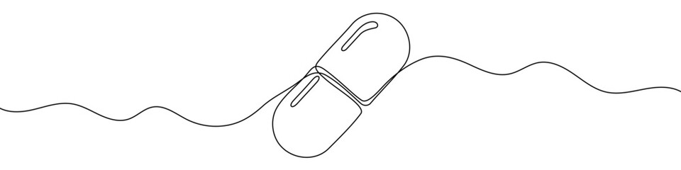 Fototapeta premium Capsule in one line art style. Capsule drawing with editable black stroke on white background. Vector illustration.