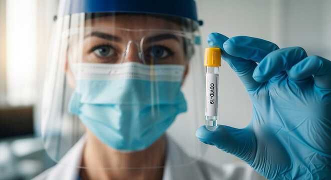 Close up of female doctor in protective medical mask standing in modern hospital holding test tube with COVID-19 test