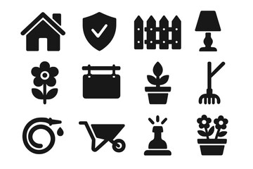 Home and garden solid icons set. Vector glyph symbols for real estate, security, and landscaping. House, fence, gardening tools, plants, flowers, and outdoor decor.