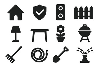 Home and garden solid glyph icon set. Vector symbols for household, security, outdoor furniture, and backyard activities. Gardening tools and barbecue illustration.