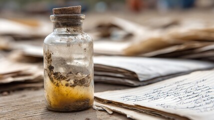 Obraz premium Bottle with handwritten notes resting on old papers in a rustic outdoor setting