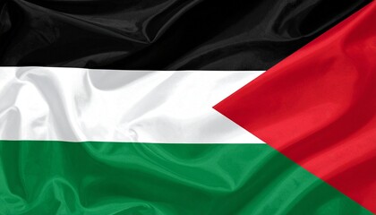 Palestine national flag with black-white-green horizontal stripes and red triangle, symbolizing Arab unity, independence, and national identity.