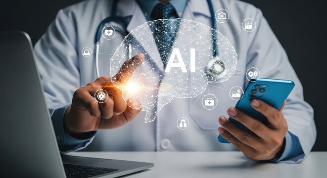 A doctor touches a glowing ai brain interface while holding a smartphone, with a laptop nearby
