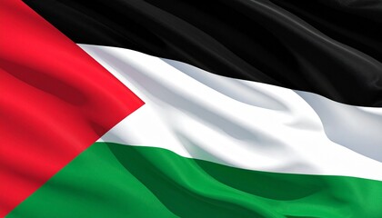 Palestine national flag with black-white-green horizontal stripes and red triangle, symbolizing Arab unity, independence, and national identity.