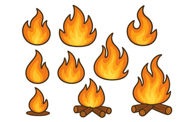 Set of fire flames, bonfire and campfire icons. Collection of hot flame elements. Cartoon vector illustration for design. Burning blaze symbol, heat sticker for camping.