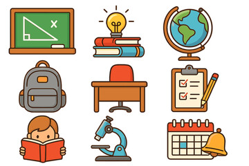 Education icon set for back to school. Cartoon collection of school supplies and learning symbols. Vector elements for study, knowledge, science. Globe, book, student, microscope.
