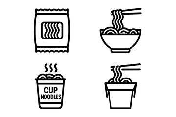 Instant noodles outline icon set. Ramen, cup noodles vector illustration. Convenience fast food concept. Simple line art pictogram for Asian, Chinese, Japanese food.