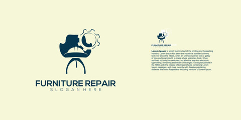 Furniture repair logo with a chair and gear, representing the concept of fixing and restoration.