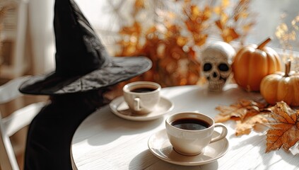 Spooky Halloween Coffee Break with Witch Hat and Pumpkins.