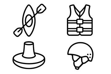 Kayaking adventure icon set. Water sport equipment outline icons. Kayak, paddle, life jacket, spray skirt, helmet. Vector illustration for outdoor activity and travel design.