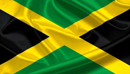 Jamaica national flag with gold diagonal cross dividing green and black triangles, symbolizing sunlight, hope, and strength.