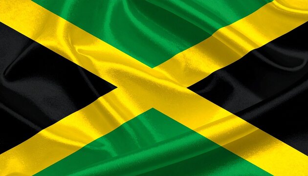 Jamaica national flag with gold diagonal cross dividing green and black triangles, symbolizing sunlight, hope, and strength.