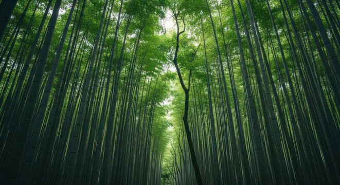 Dense bamboo forest with green canopy, looking up