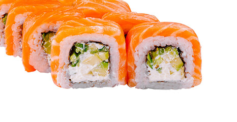 Philadelphia sushi rolls with salmon, avocado and cream cheese on white background