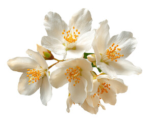 Obraz premium Close-up of a cluster of delicate, creamy white jasmine flowers, with visible stamens of rich gold