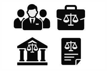 Legal solid glyph icon set. Law and justice symbols collection. Lawyer team, attorney briefcase, courthouse building, and legal document with scales of justice vector icons.