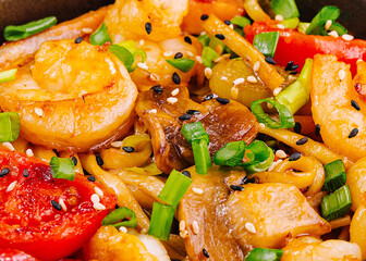 Shrimp stir fry in bowl close up background
