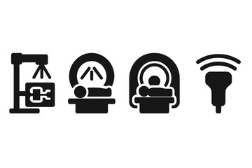 Medical imaging solid icon set. X-ray, CT scan, MRI, ultrasound pictogram. Radiology diagnostic equipment symbols. Healthcare technology glyphs. Hospital vector illustration.