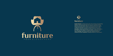 Elegant furniture logo design with a chair icon and company name on a dark blue background.