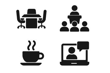 Business meeting solid glyph icon set. Vector icons for office, conference hall, presentation, coffee break and virtual meeting. Webinar and video conference symbols collection.