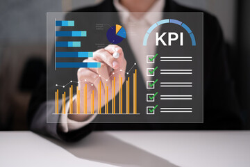 Professional businessman working on KPI dashboard graph chart visualization report growth project progress success data analysis technology business strategy management system financial goal trend