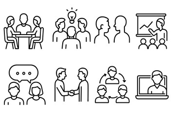 Meeting and collaboration linear icons. Business teamwork and communication symbols. Vector set for workplace, presentation, brainstorming, video conference and agreement.