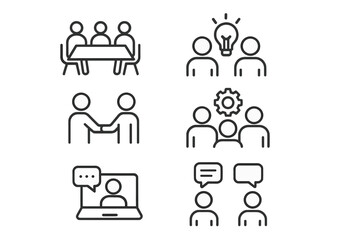 Meeting and collaboration linear icons set. Business teamwork, communication, workplace symbols. Vector collection for handshake, video conference, brainstorming, and corporate idea.