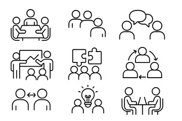 Business meeting and collaboration vector icon set. Teamwork, communication, and corporate strategy symbols. Workplace presentation, brainstorming, and management linear icons.