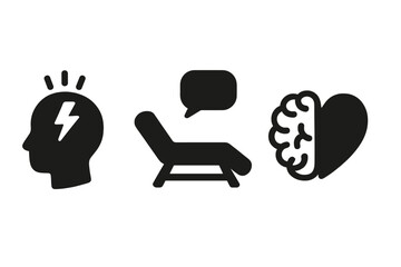 Psychology and mental health vector glyph icons. Stress, anxiety, therapy, and emotional balance concepts. Head, couch, and brain with heart silhouette pictogram collection.