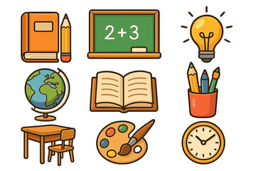 Educational icons set for back to school. Vector cartoon of classroom objects. Learning, knowledge, creativity concept. Includes globe, book, desk, chalkboard, art palette, idea.