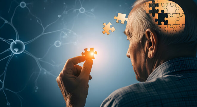 Elderly Man Solving Puzzle Brain Brainstorming Concept Mental Focus