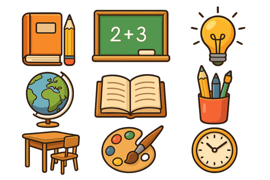 Educational icons set for back to school. Vector cartoon of classroom objects. Learning, knowledge, creativity concept. Includes globe, book, desk, chalkboard, art palette, idea.