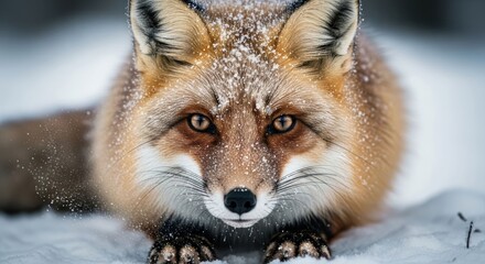 Obraz premium Fox, low angle, golden eyes covered in snow, fur detail