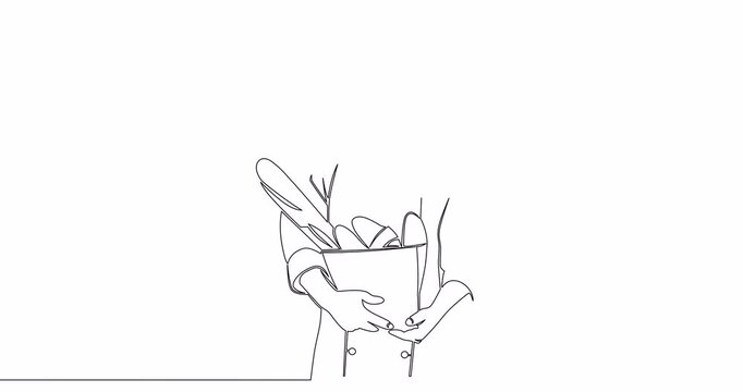 Self drawing line animation baker with French baguette Daily freshly baked bread continuous one single line drawn concept video