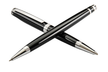 Two black ballpoint pens crossed, angled slightly.  Silver accents on the barrel