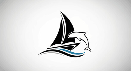 Stylized sailboat and leaping dolphin marine emblem logo. © anidaahza