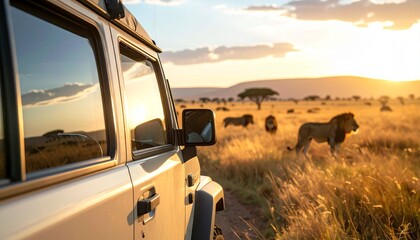 Fototapeta premium Safari adventure: Lions roam the African savanna near a parked vehicle at sunset.