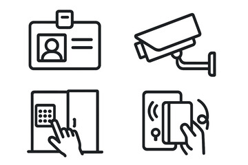 Security access control line icon set. Vector icons for identification, surveillance, and door entry. ID card, CCTV camera, keypad lock, and RFID keycard for safety systems.