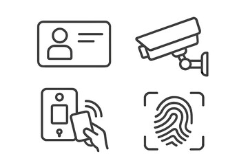 Security access control line icon set. Identification badge, cctv surveillance camera, key card door entry, fingerprint scanner. Biometric authentication. Vector illustration.