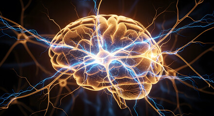 Digital Illustration of Brain with Electric Neural Connections in Bright Colors