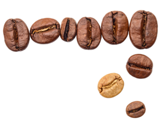 Roasted coffee beans isolated white background, showcasing different roast levels and textures for culinary, beverage, and ingredient concepts.