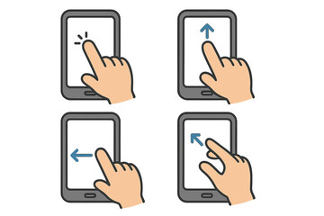 Hand gestures for mobile device navigation. Touch screen actions vector icon set. Tap, swipe up, swipe left, pinch to zoom. Smartphone user interface guide. Cartoon concept.