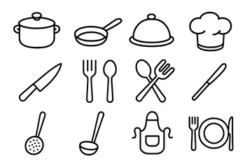 Cooking and kitchen utensil line icon set. Culinary tools collection. Vector outline symbols for restaurant menu or food blog. Pot, pan, chef hat, cutlery, plate, apron.