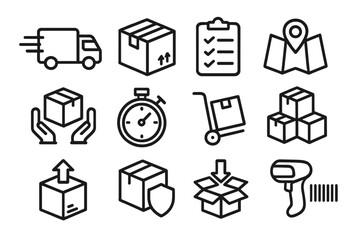 Logistics and delivery service outline icon set. Shipping, transport, e-commerce, order fulfillment vector icons. Warehouse, freight, tracking, packaging, inventory symbols.