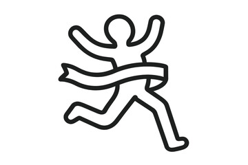 Runner crossing finish line icon with ribbon, isolated vector symbol of competition, running athlete sprinting, marathon sports concept, finish ribbon celebration graphic