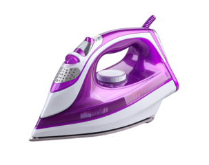 Purple and white modern electric iron, angled view.  Glossy finish.  Control panel, water reservoir, and heating element visible