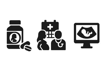 Pregnancy healthcare icons solid filled vector set of prenatal vitamins, expecting mother doctor appointment, medical consultation, ultrasound baby scan illustration