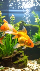 Vivid goldfish in a planted aquarium