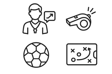 Sports and coaching outline icon set with training, whistle, soccer ball, and strategic play symbols, linear vector cartoon illustration with transparent background, ordered set