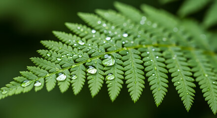Green Fern Leaf with Water Droplets Close-up in Natural Setting